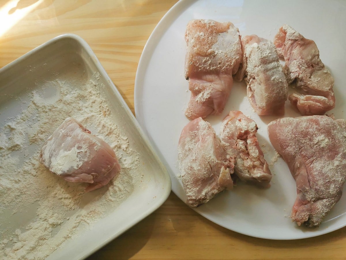 Pieces of rabbit rolled in seasoned flour.