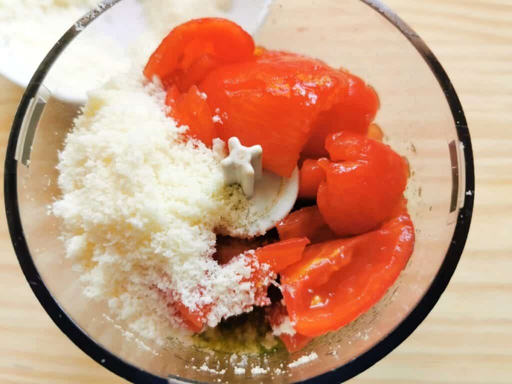 peeled and chopped tomatoes and grated pecorino in food processor