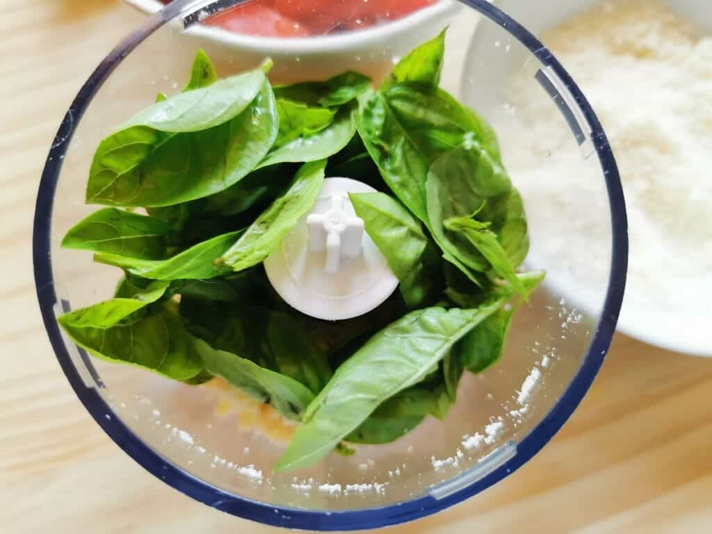 basil leaves in food processor