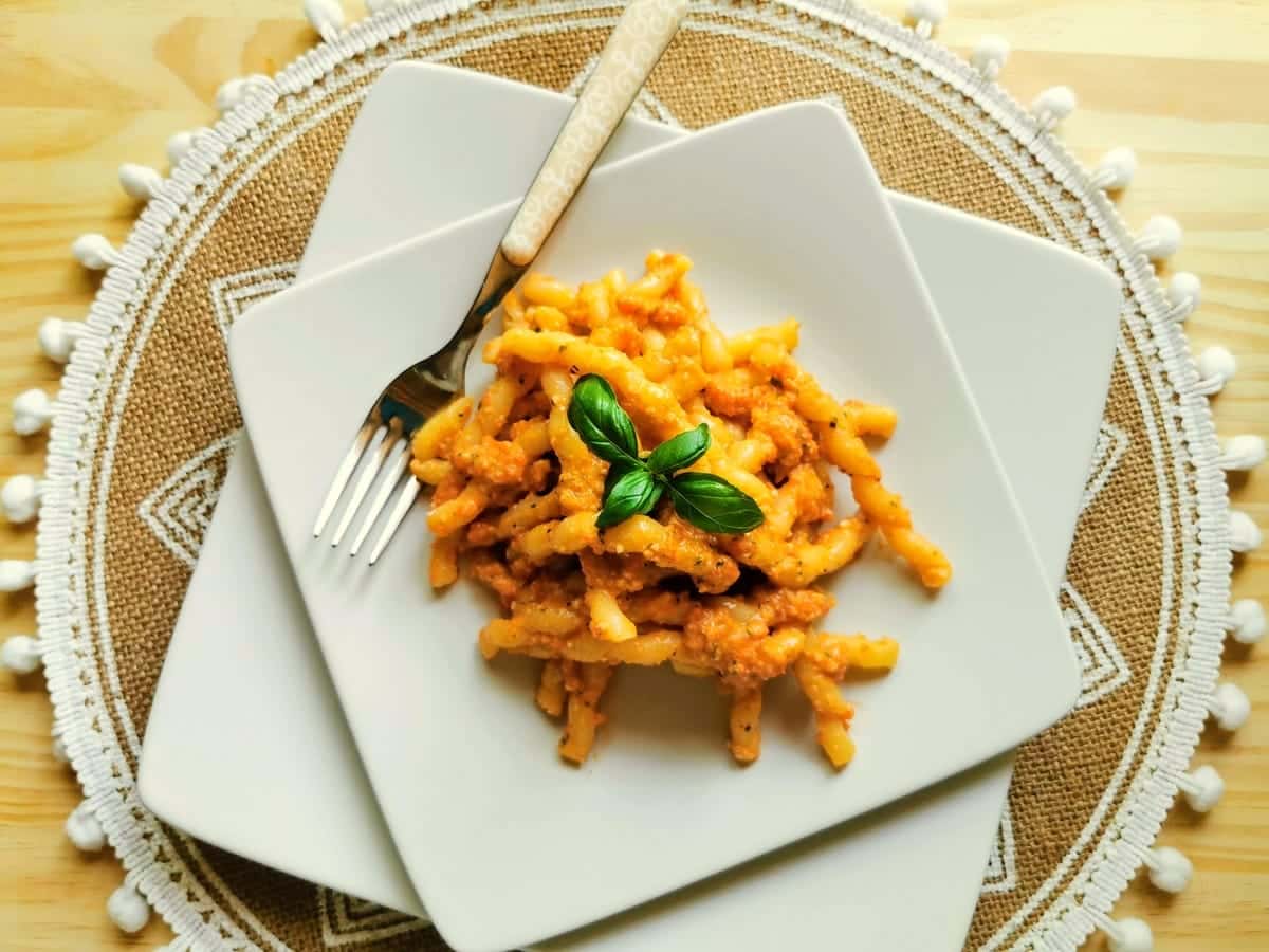 Busiate pasta with Trapanese pesto.