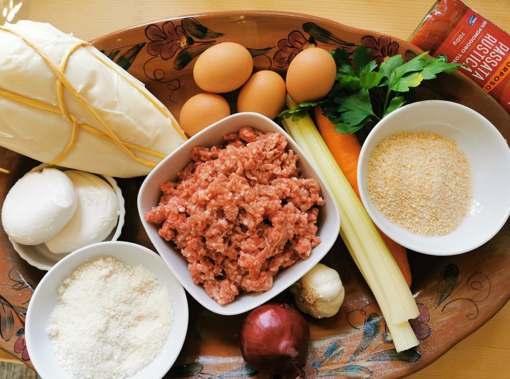 Ingredients for Calabrian baked pasta mbruscinata