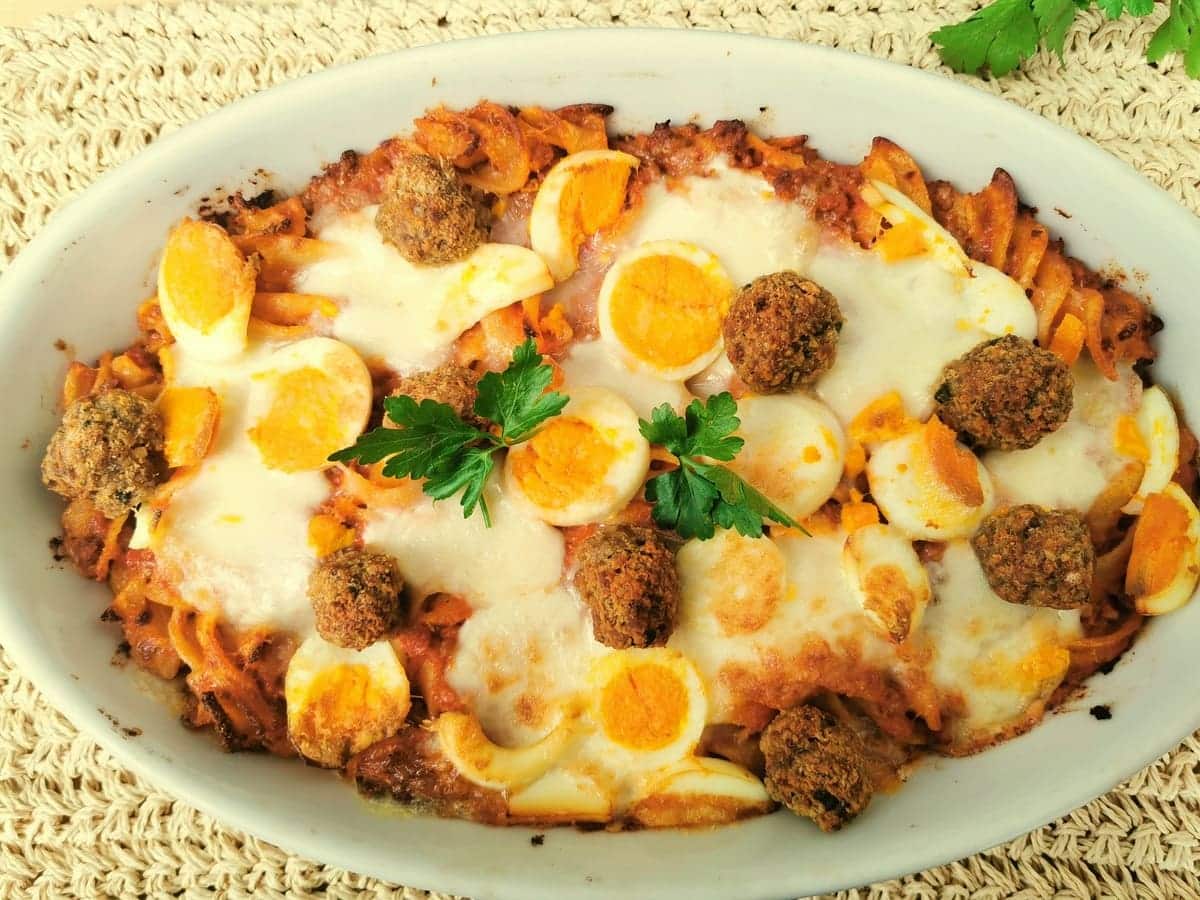 Calabrian baked pasta with eggs and meatballs. 