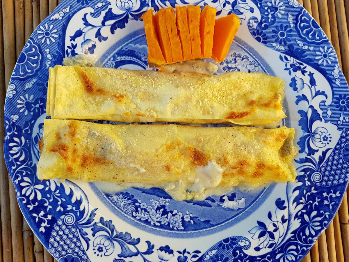 Cannelloni stuffed with pumpkin and goat cheese.