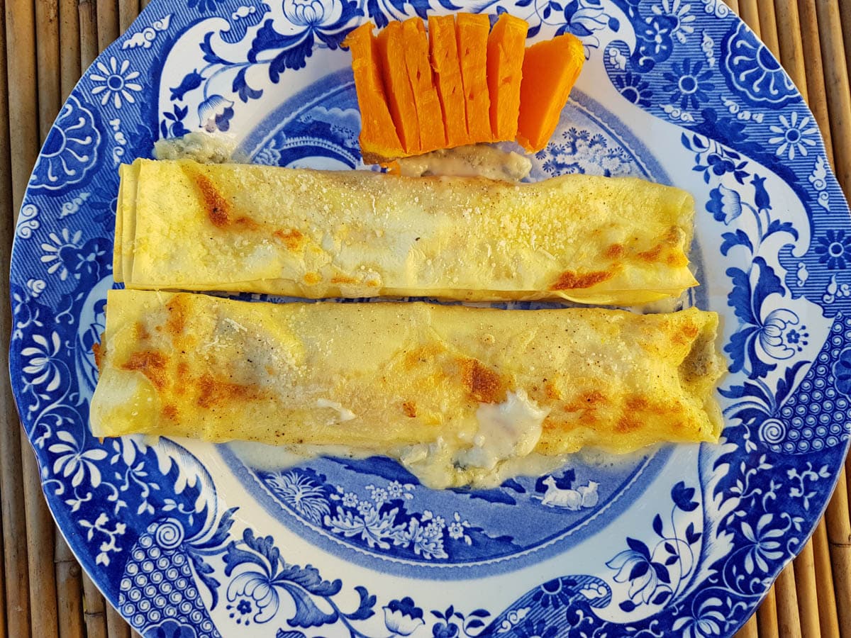 Cannelloni stuffed with pumpkin and goat cheese.