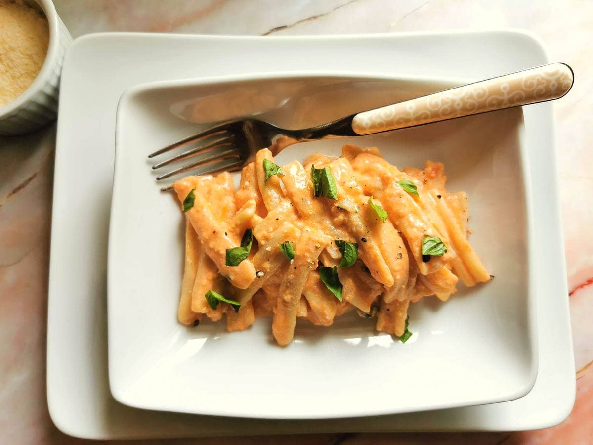 Sicilian pesto with casarecce pasta and basil