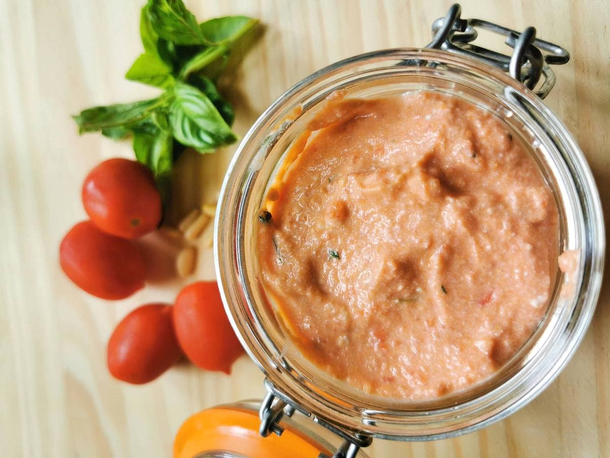 Ready Sicilian pesto in mason jar