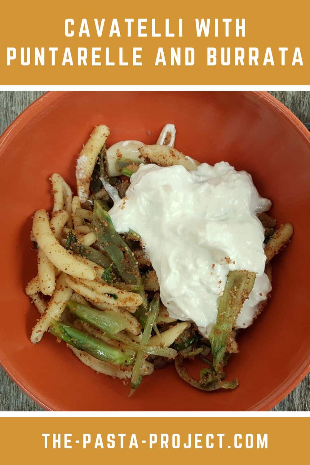 Cavatelli pasta with puntarelle and burrata.