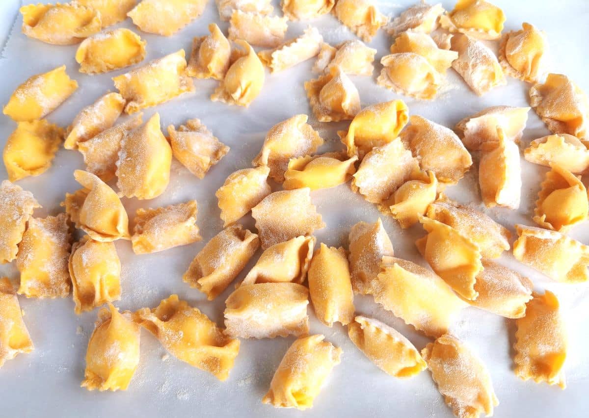 ready uncooked agnolotti del plin on floured tray.