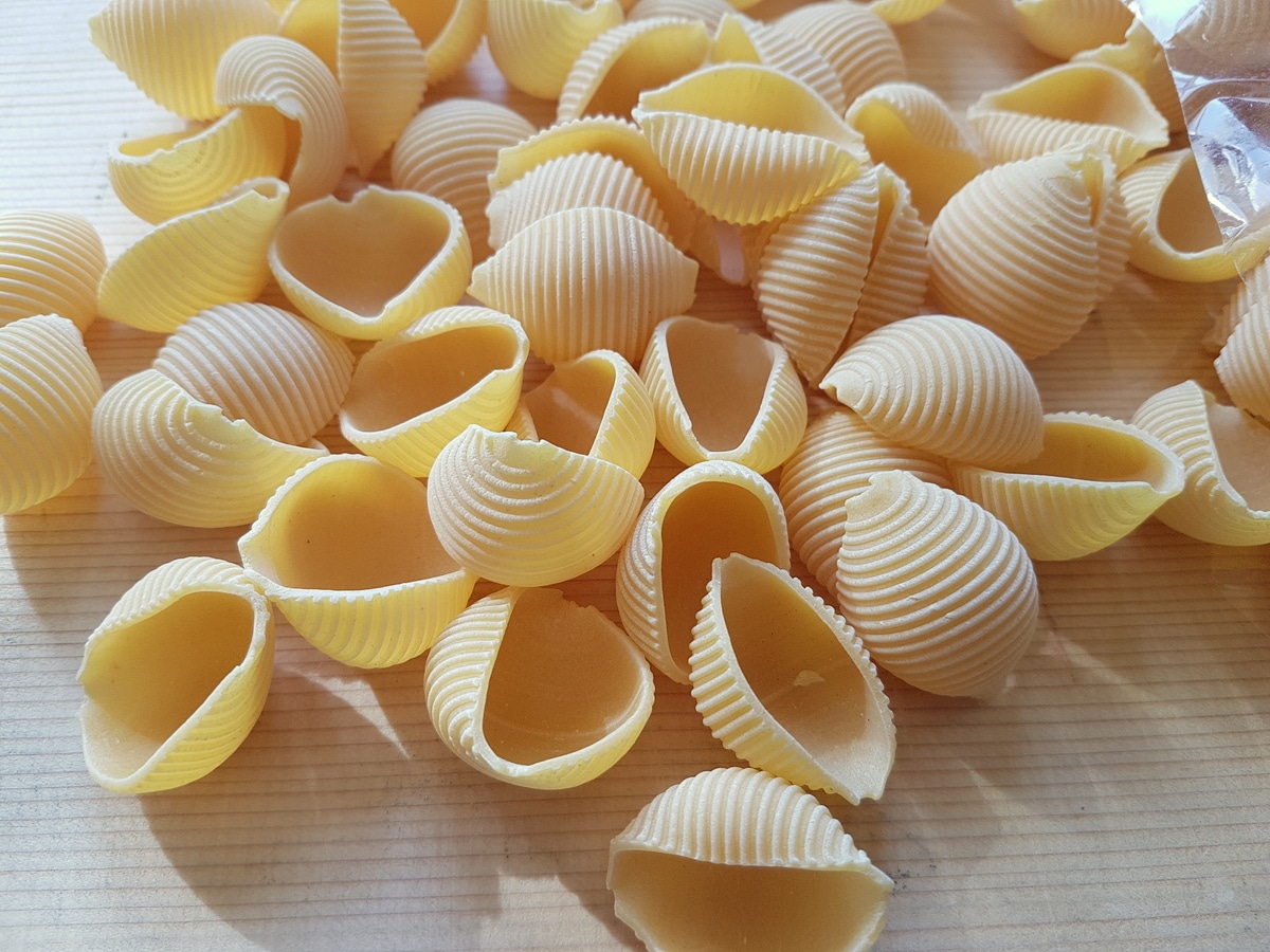 Dried pasta shells on wood work surface.