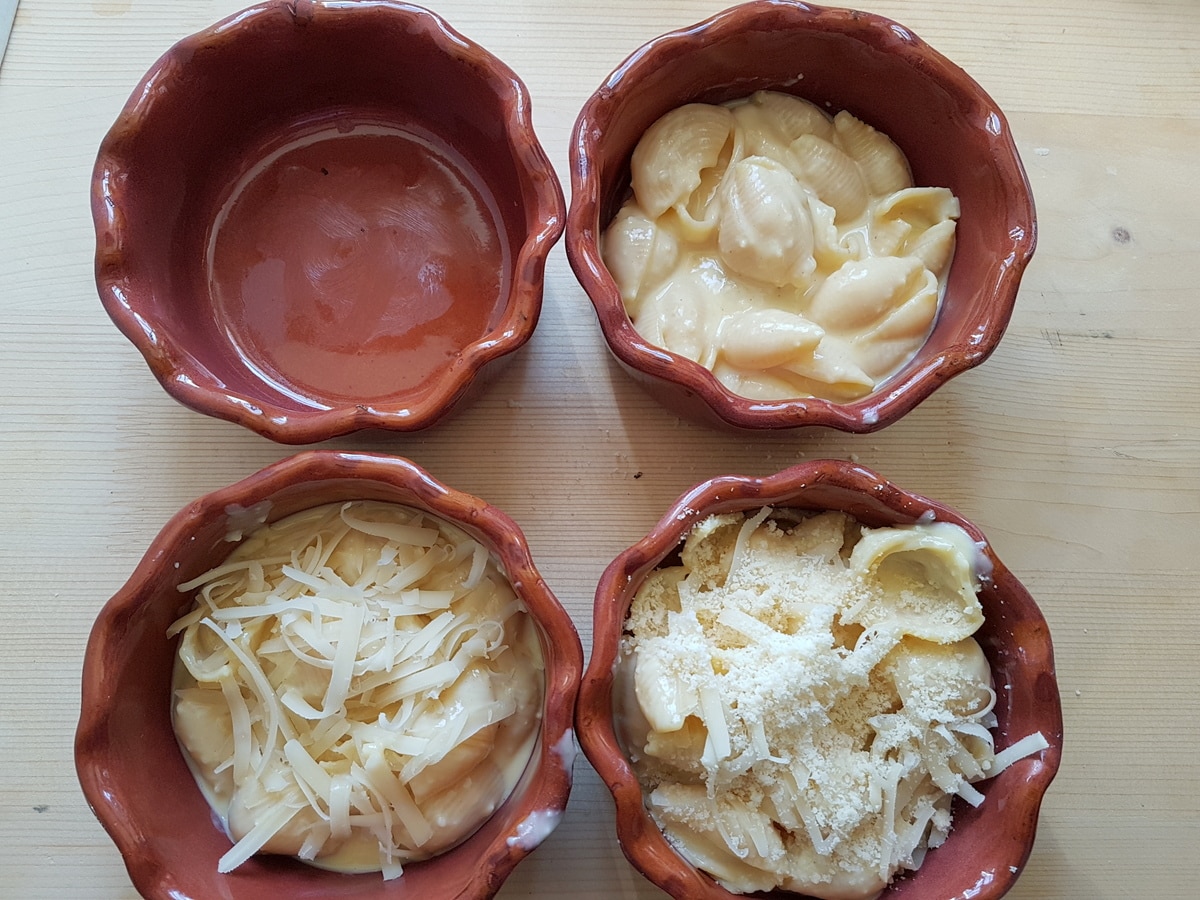 Conchiglie pasta shells and cheese inside individual serving dishes.