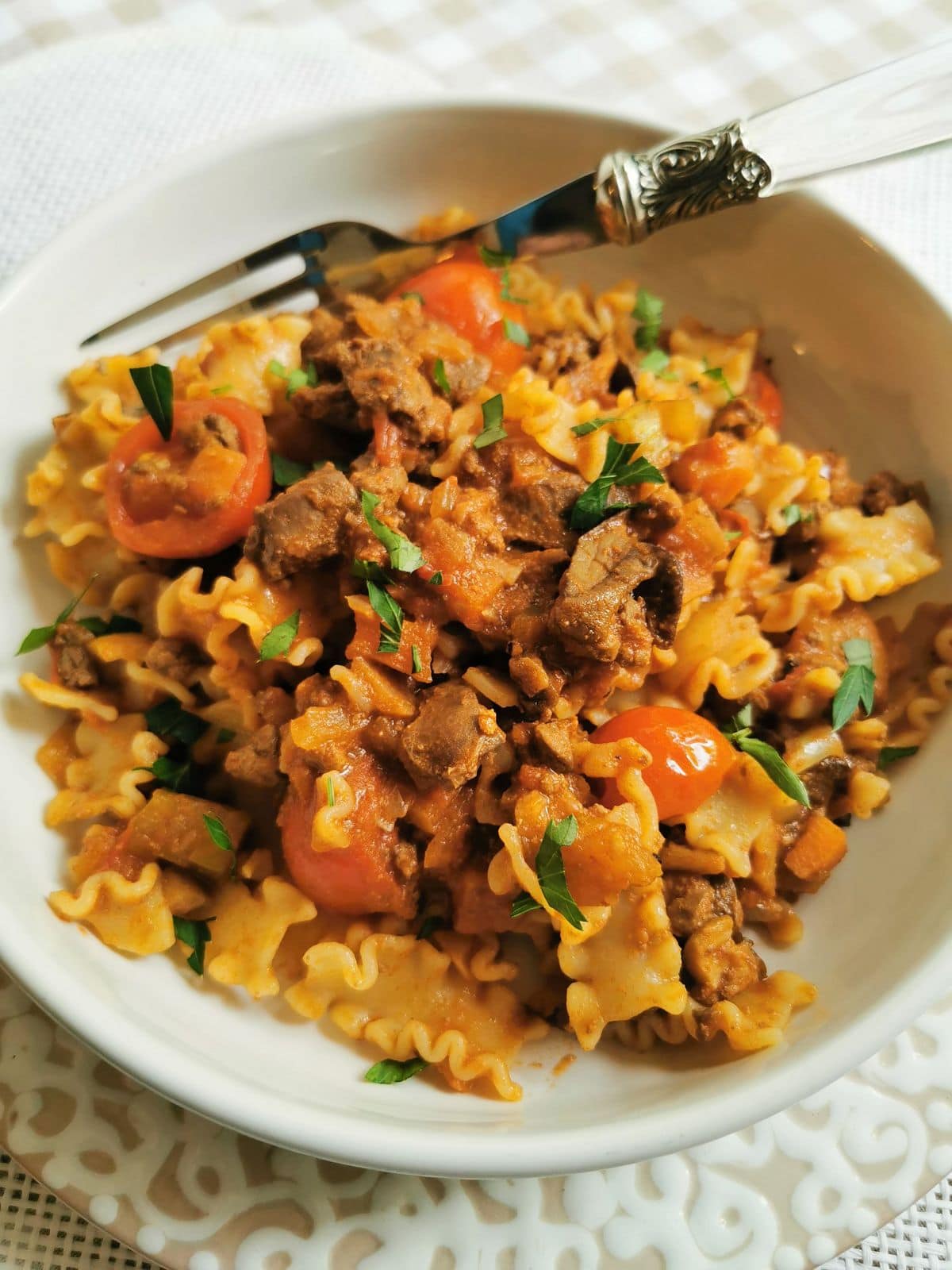 Chicken liver pasta with porcini mushrooms; Recipe from Marche