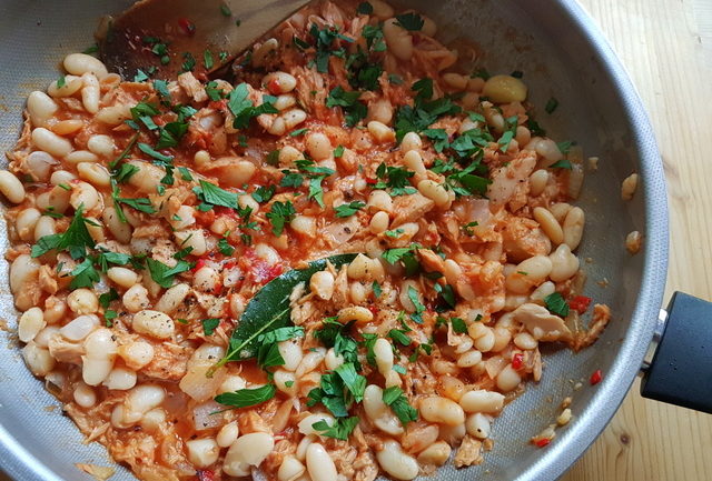 tuna and cannellini bean sauce in frying pan