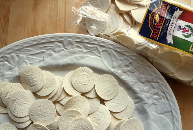 Dried Corzetti or Croxetti pasta from Liguria.