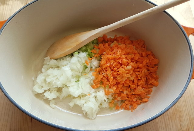 chopped vegetables in Dutch oven