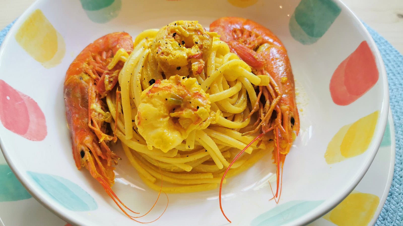 Creamy Italian prawn (shrimp) saffron linguine.