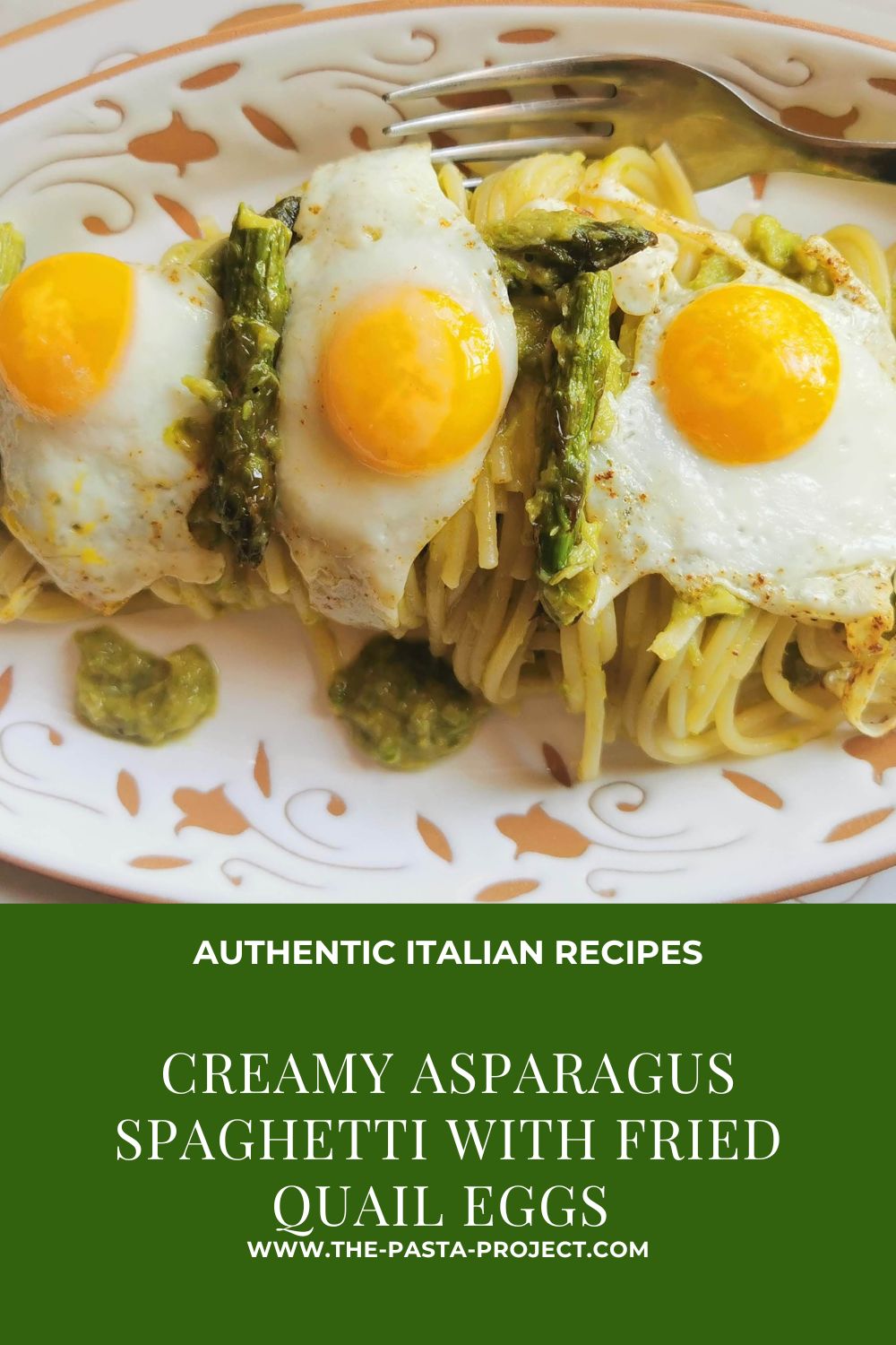 Verticle image with text for Pinterest of creamy asparagus spaghetti with fried eggs.