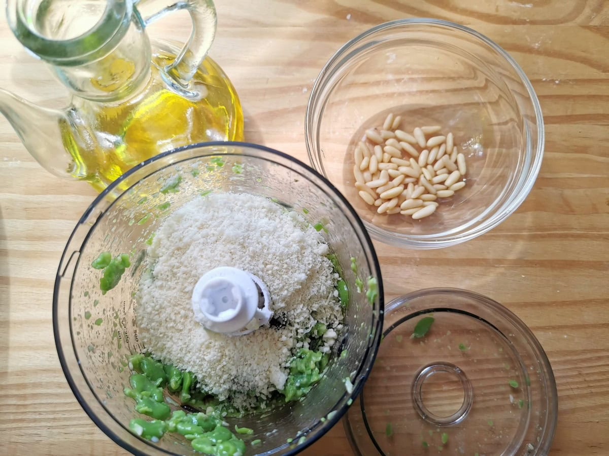 Grated parmigiano and pecorino in food processor with fava beans, pine nuts, garlic, mint and olive oil.