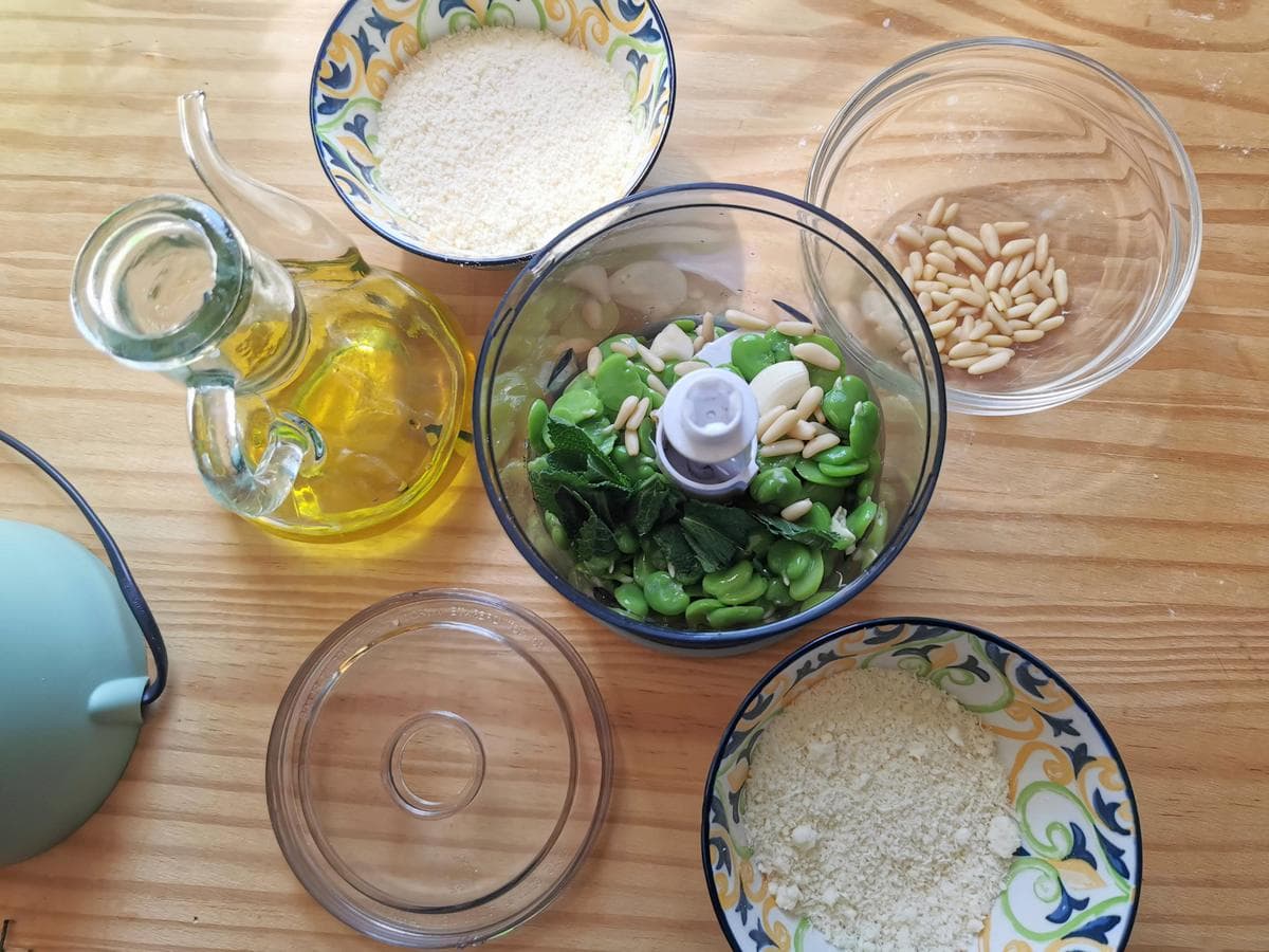 Peeled fava beans in food processor with pine nuts, garlic and pine nuts.