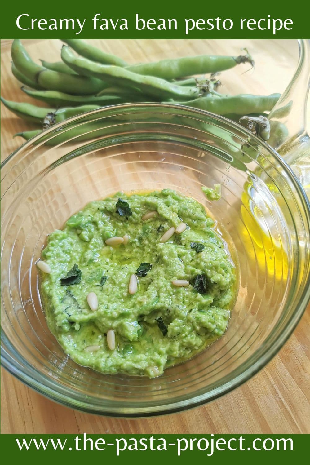Verticle photo for Pinterest of creamy fava bean pesto recipe.
