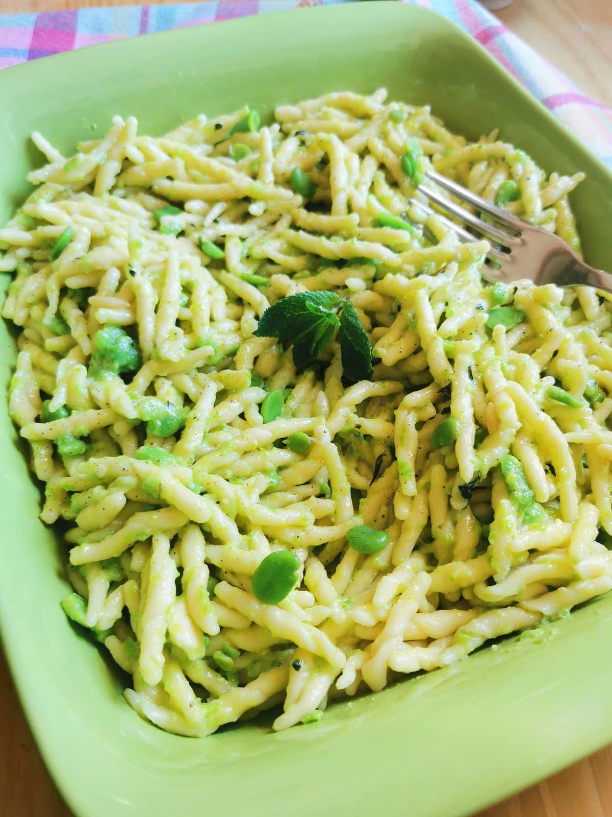 Trofie pasta with fava bean pesto.