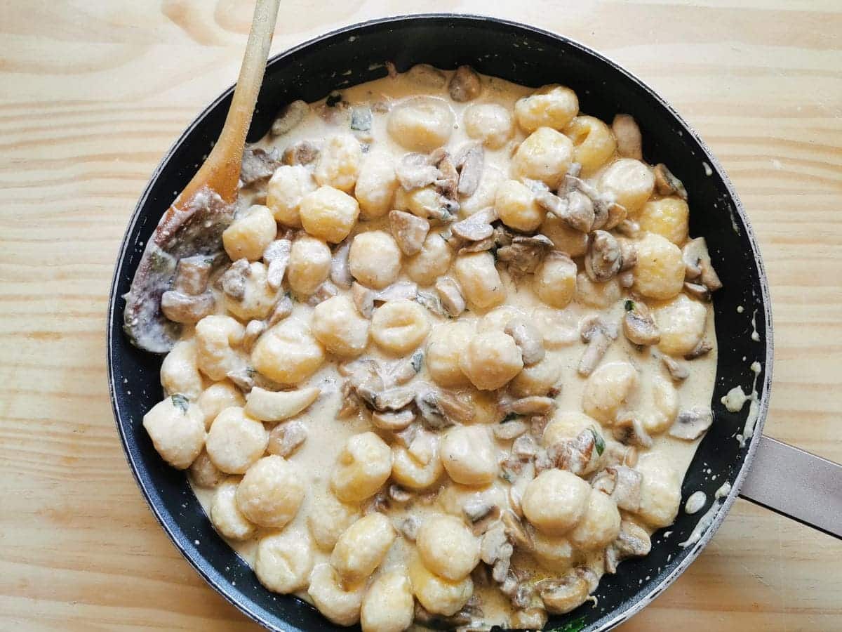 potato gnocchi and mushroom and stracchino sauce mixed together in skillet.