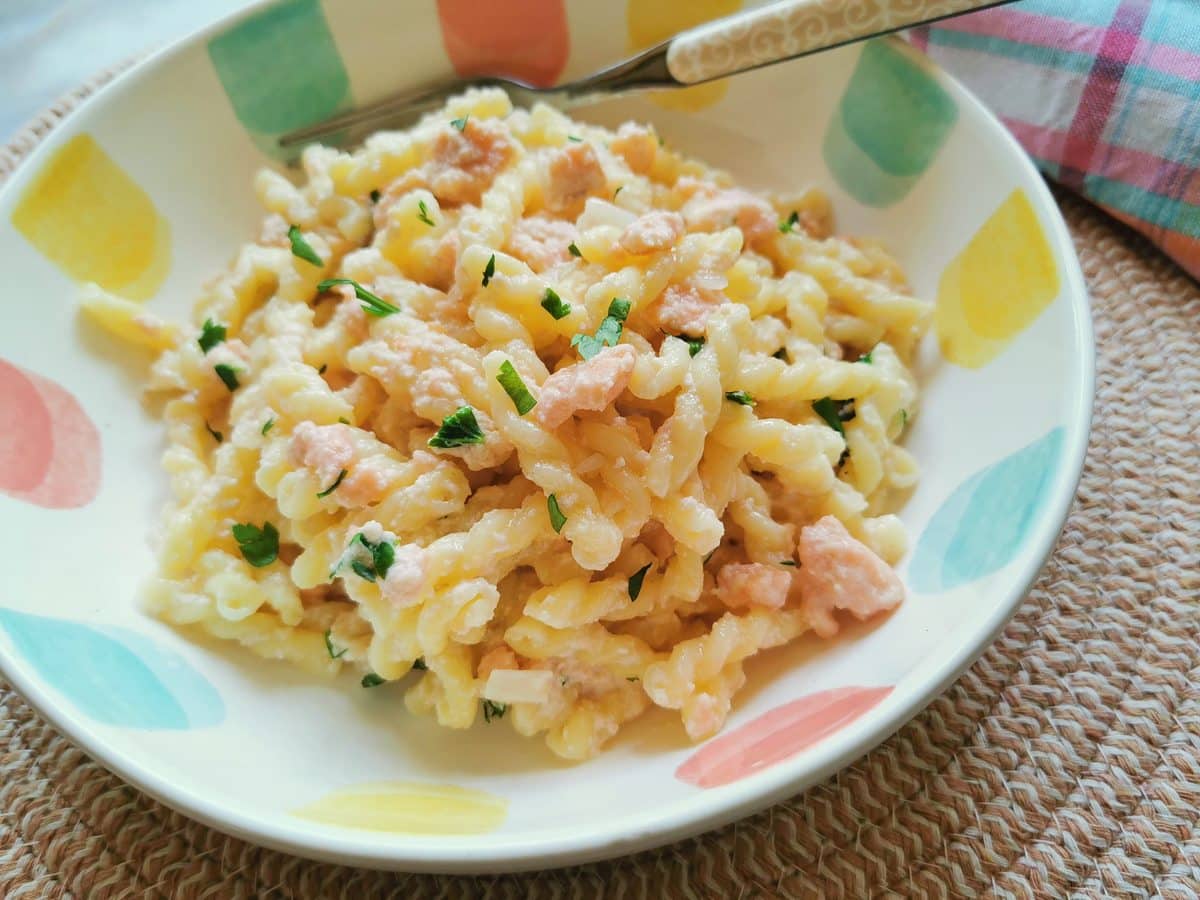 Creamy smoked salmon pasta.