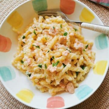 Creamy smoked salmon pasta.