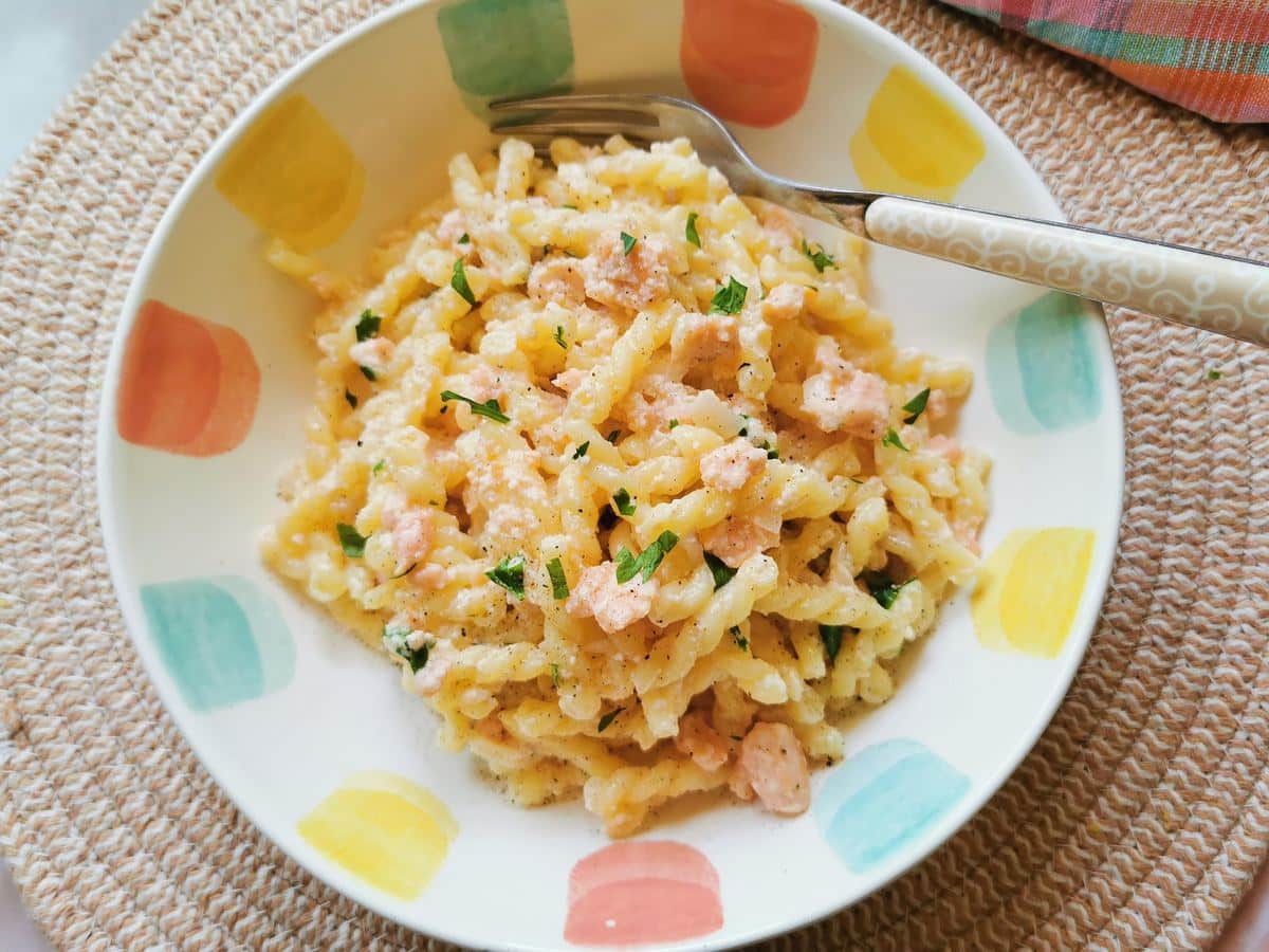 Creamy smoked salmon pasta.