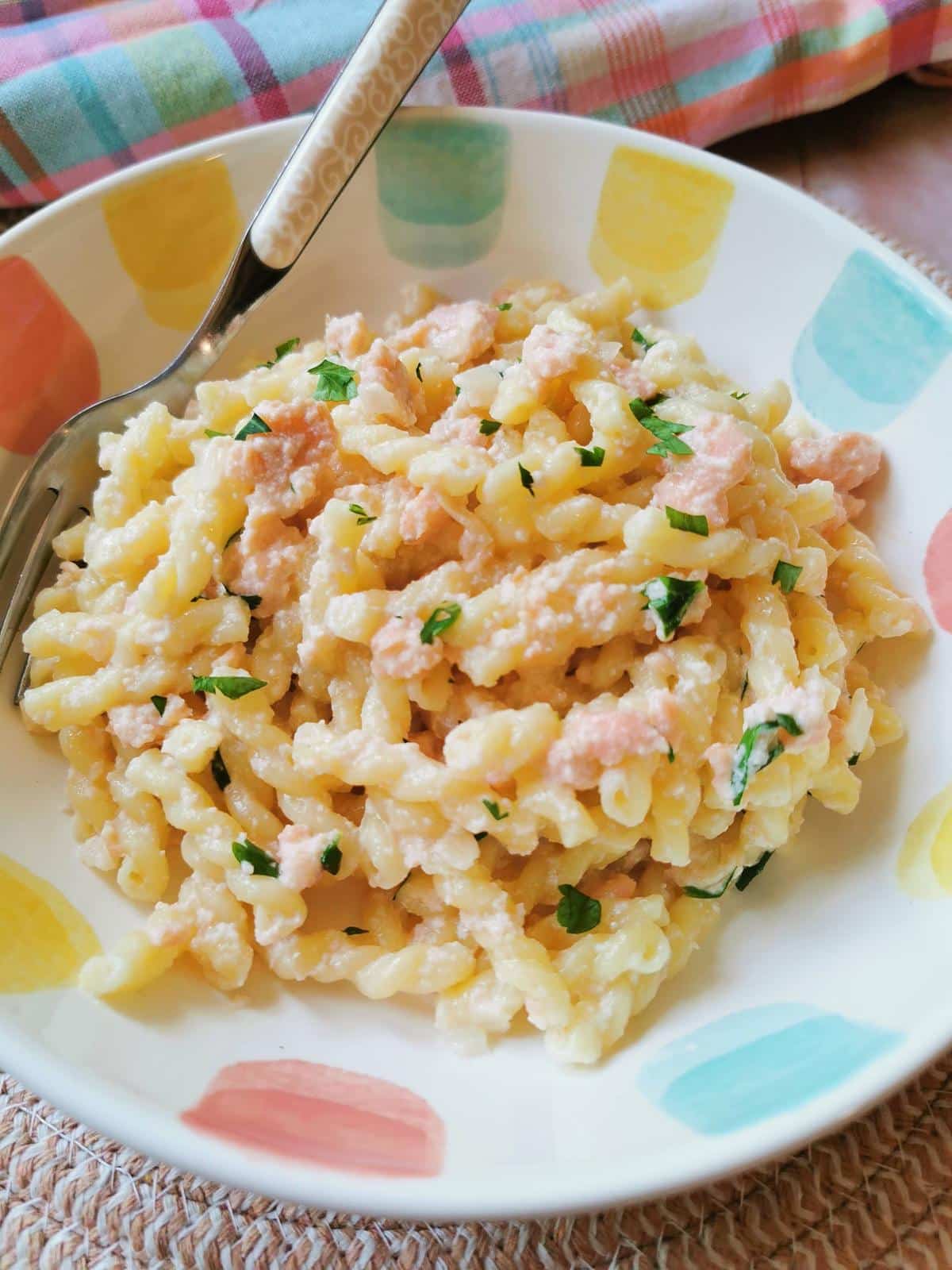 Creamy smoked salmon pasta.