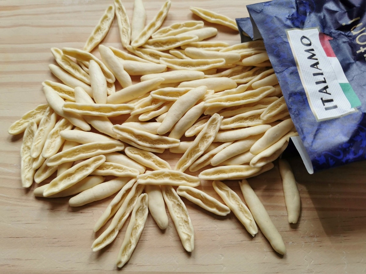 Dried cavatelli on a kitchen table.