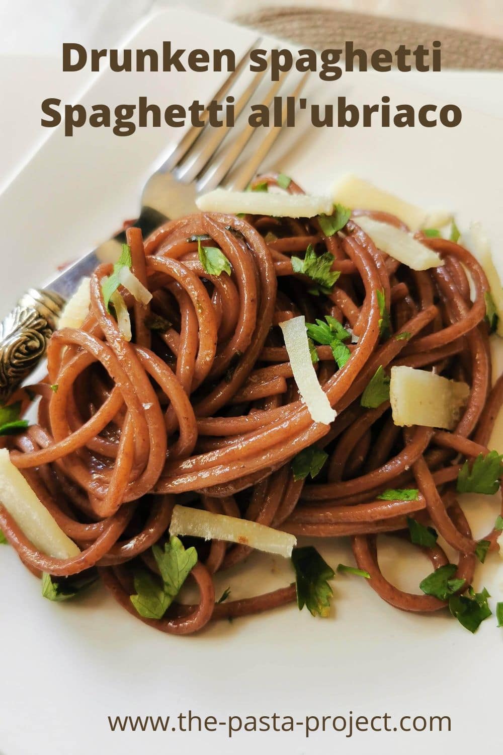 Pinterest image with text for drunken spaghetti (red wine pasta) spaghetti all'ubriaco.