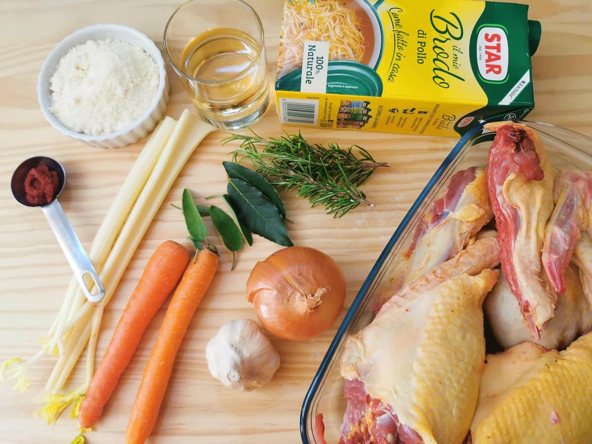 Ingredients for the duck ragu before they are prepped.