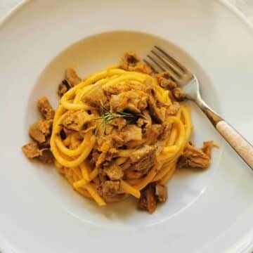 Duck ragu with bigoli pasta in a bowl