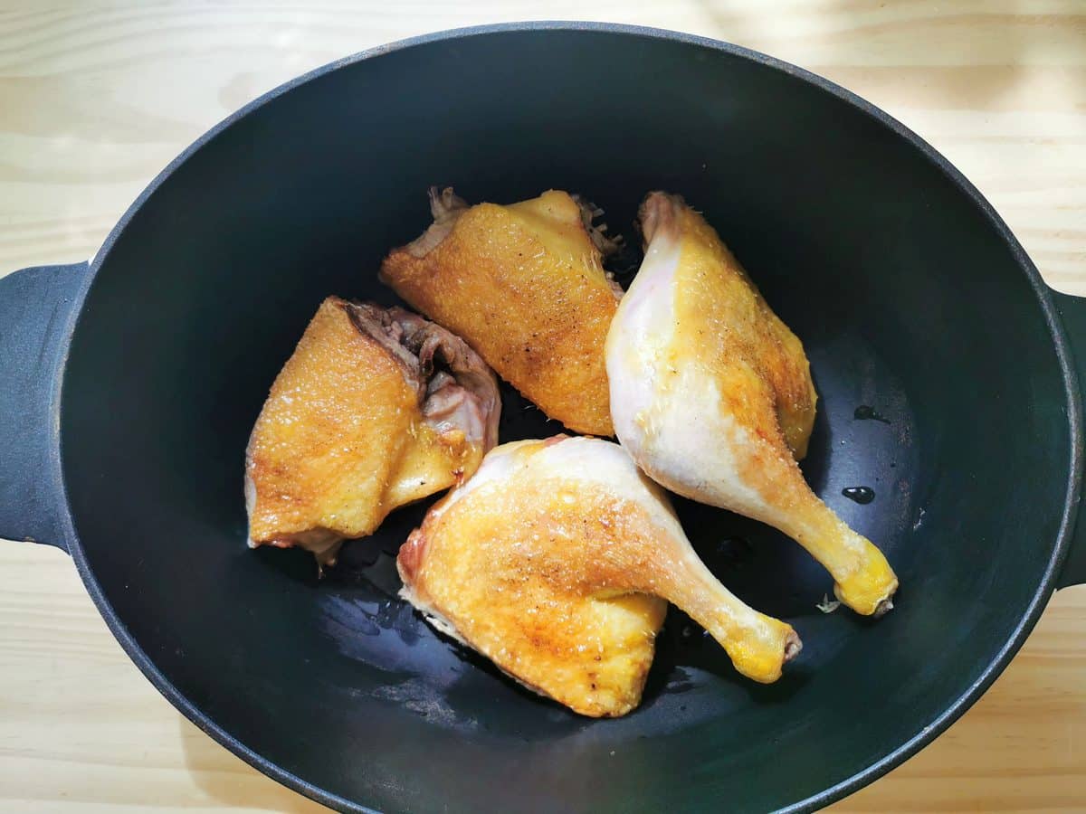 Seared duck in a large pot.
