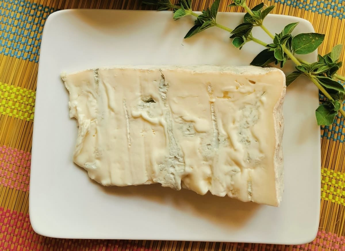 Piece of gorgonzola on white plate.