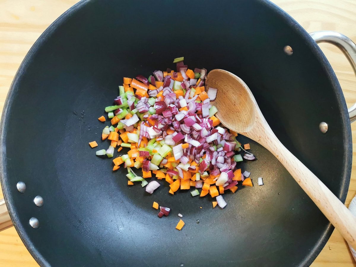 Chopped onion, carrot and celery in large skillet.