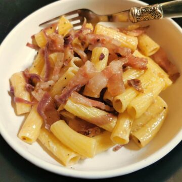 Easy red onion pasta with guanciale alla cipollara.