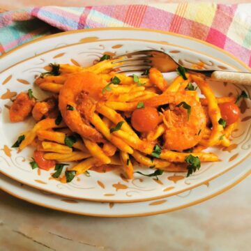 Easy spicy pasta with nduja sauce and shrimp.