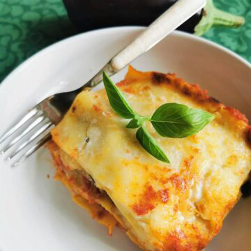 Eggplant Parmigiana lasagna (lasagne alla parmigiana).