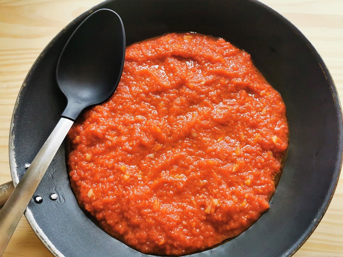 Ready all'aglione sauce in skillet.