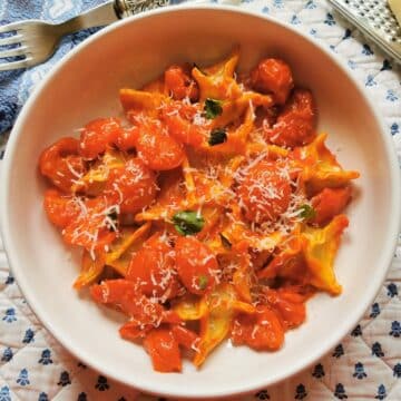 Fagottini Pasta with Eggplant and Mozzarella in a Cherry Tomato Sauce.