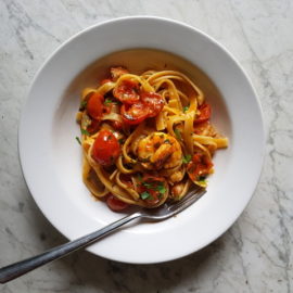 Fettuccine pasta with giant prawns