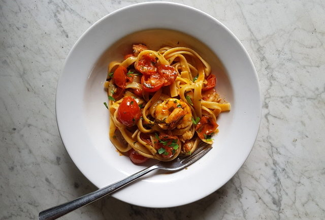 Fettuccine pasta with giant prawns