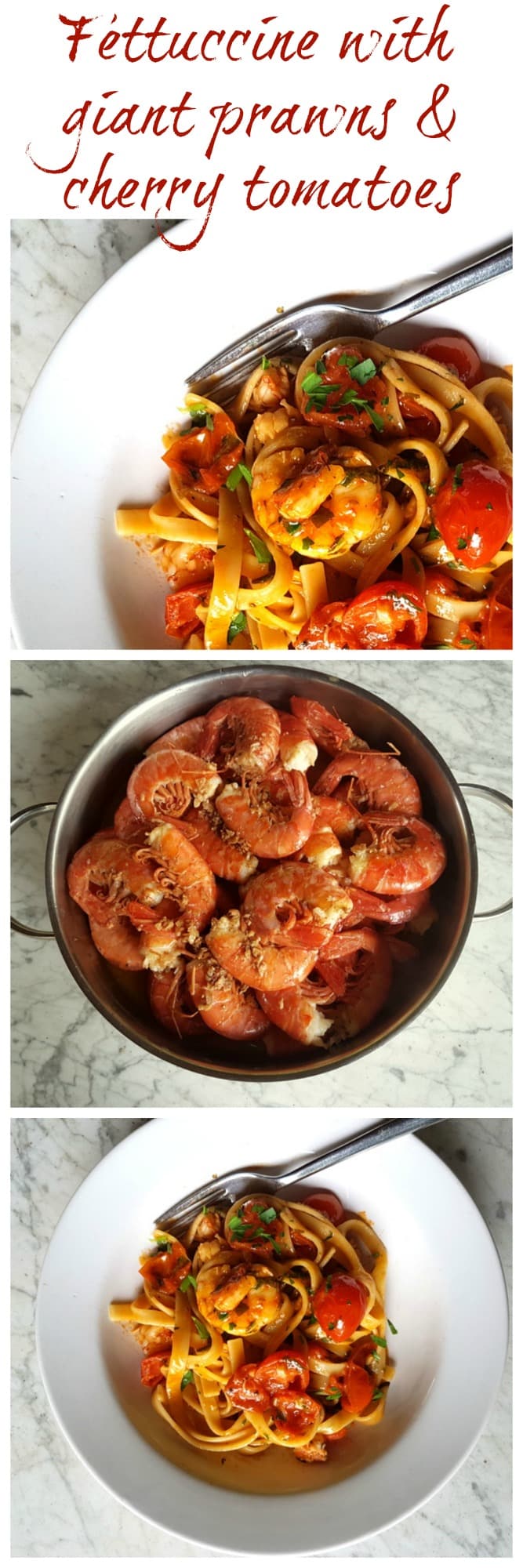 Fettuccine with giant prawns and cherry tomatoes