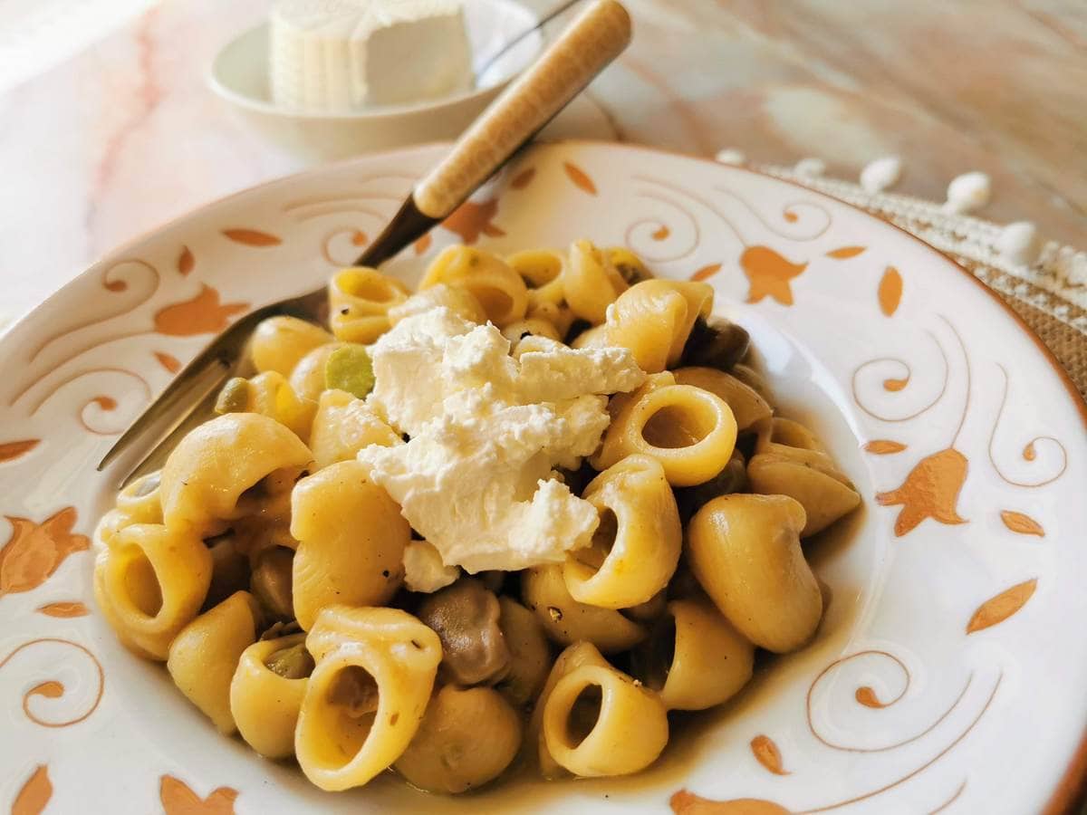 Fresh fava bean pasta with pecorino and ricotta recipe from Sicily