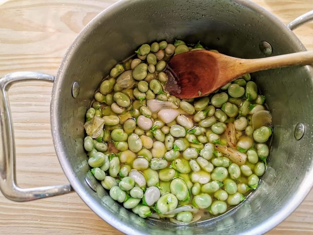 Fresh fava beans in pan with spring onion and water