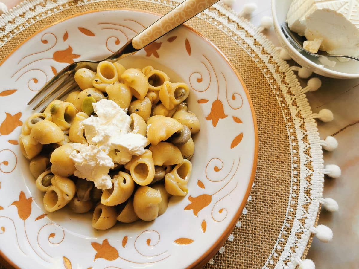 Fresh fava bean pasta with pecorino and ricotta.