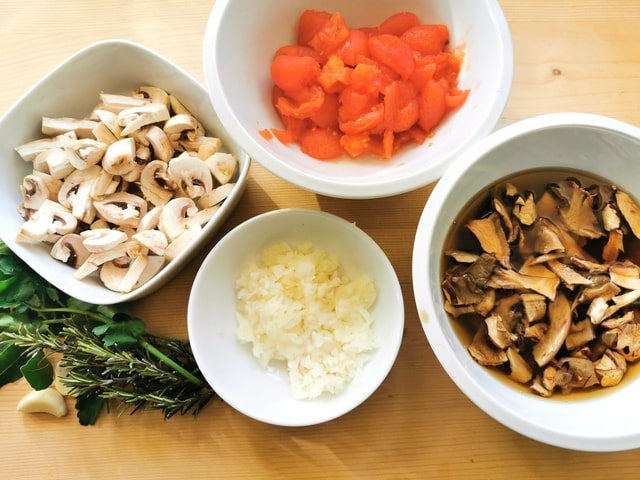 ingredients for mushroom ragu peeled and chopped and ready to cook.