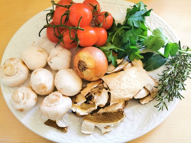 ingredients for Genovese mushroom ragu on white plate