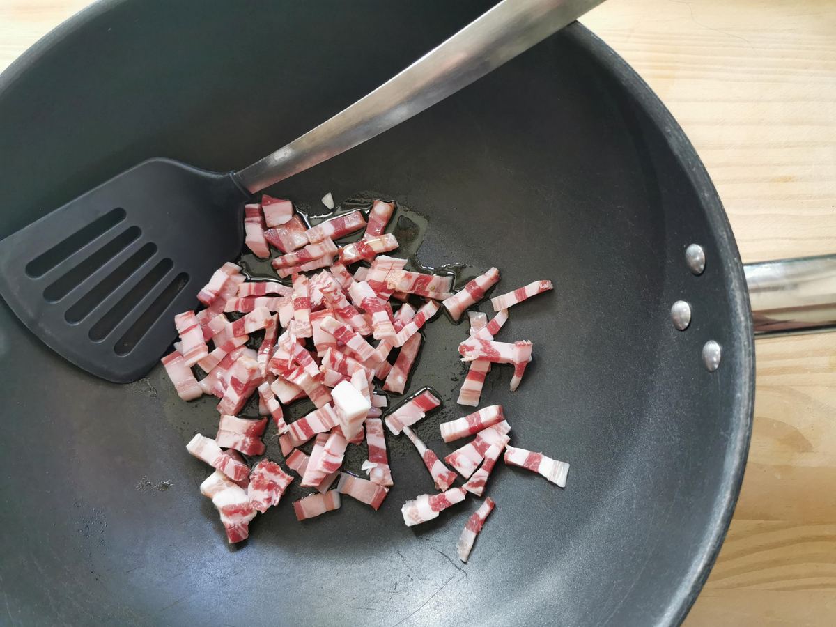 Diced pancetta in large skillet.